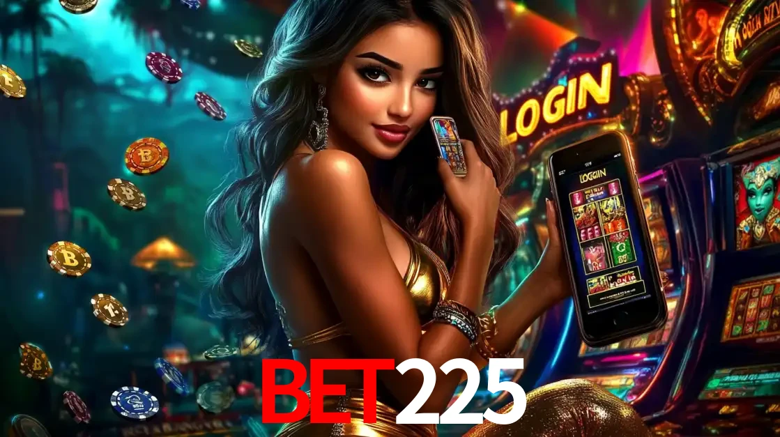 Mulher em um cenário de cassino temático de aventura, mostrando o app de caça-níqueis da BET225 no celular. Fichas de apostas flutuam ao redor.