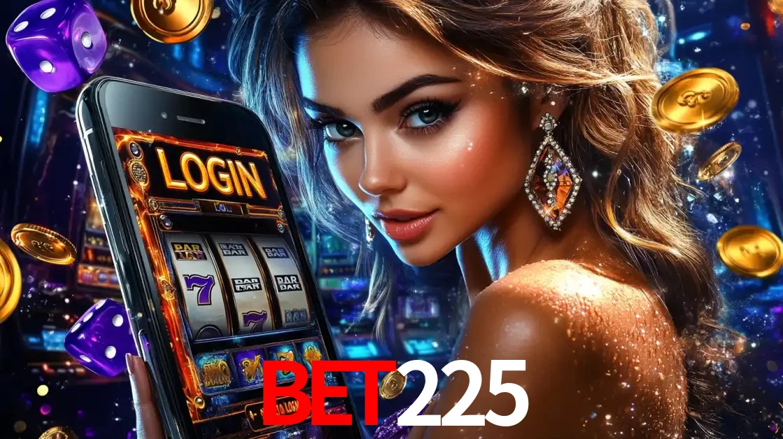 Mulher glamorosa segurando um smartphone com a tela de login para os jogos de caça-níqueis do cassino online BET225, com moedas de ouro e dados ao redor.