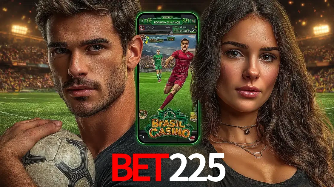 Homem segurando uma bola de futebol e uma mulher ao lado de um smartphone exibindo o jogo de apostas esportivas da BET225. Faça seu palpite no cassino online.